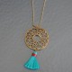 sautoir collier disque arabesque plaqué or pompon turquoise