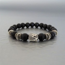 Bracelet perles  Agate noire mate et Buddha
