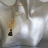 Sautoir collier disque arabesque coeurs et trèfles pompon vert bronze