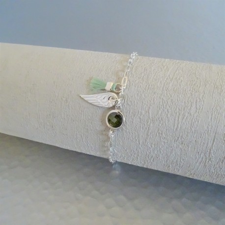 Bracelet zirconium vert aile et mini pompon vert art paris design 