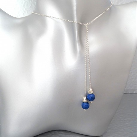 Collier Cravate Argent Perles jade bleu