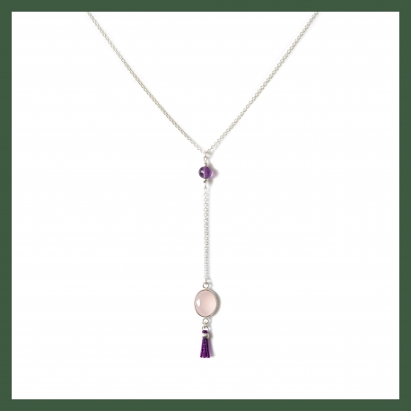 Collier Chaîne Pendant quartz rose et mini pompon 