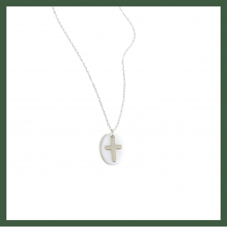 Collier Pastille nacre et croix argent