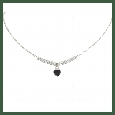Collier chaîne mini perles diamantées  petit coeur serti clos noir