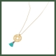 sautoir collier disque arabesque plaqué or pompon turquoise