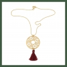 Sautoir collier disque arabesque pompon pourpre