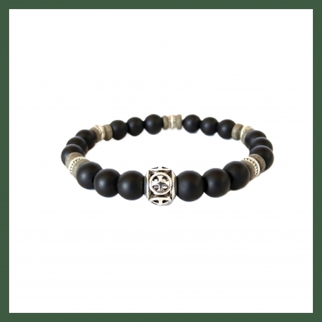 Bracelet perles Agate noire et perle Croix de Malte 