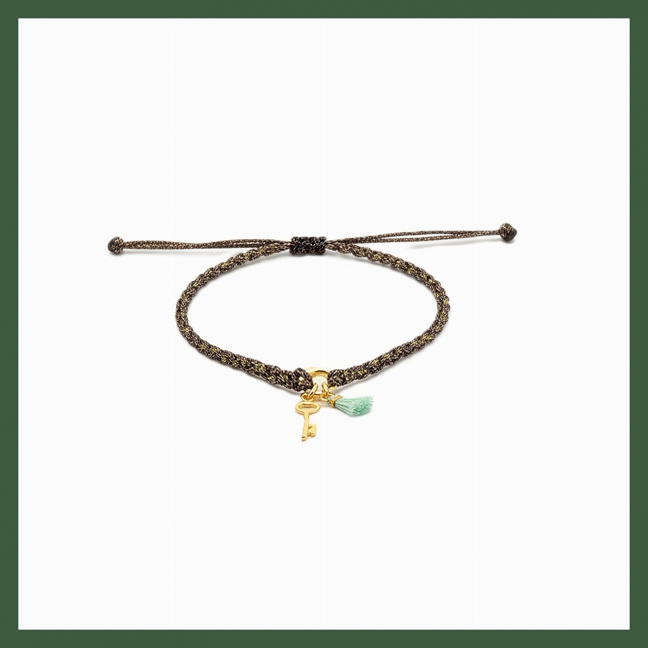 Bracelet  Clé Plaqué Or et Mini Pompon Vert