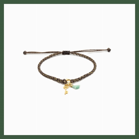 Bracelet  Clé Plaqué Or et Mini Pompon Vert
