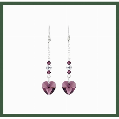 Boucles d'Oreilles Pendant chaîne Argent  Coeur Swarovski Amethyste