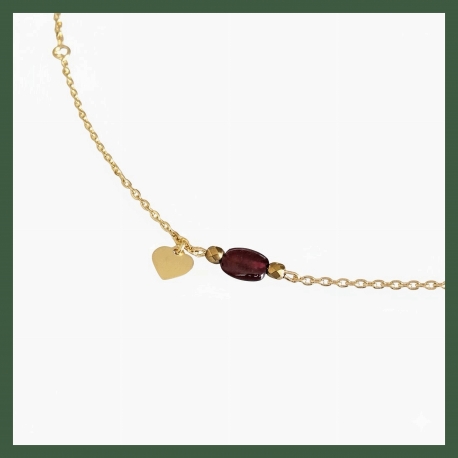Bracelet Chaîne Plaqué Or Perle Grenat et Coeur